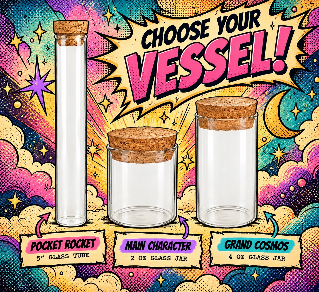 Three Dreaminajar vessels: Pocket Rocket, Main Character, and Grand Cosmo